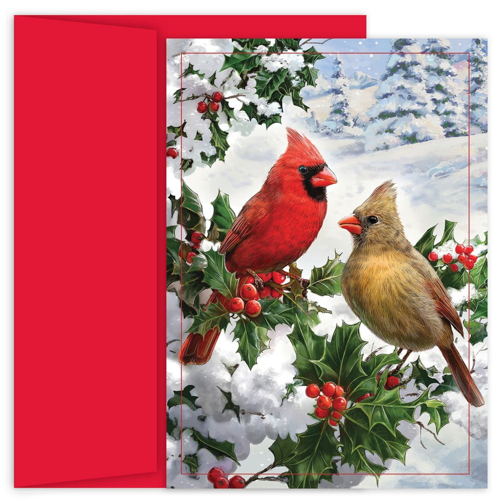 JAM Paper Christmas Cards & Matching Envelopes Set, Cardinal Couple, 18