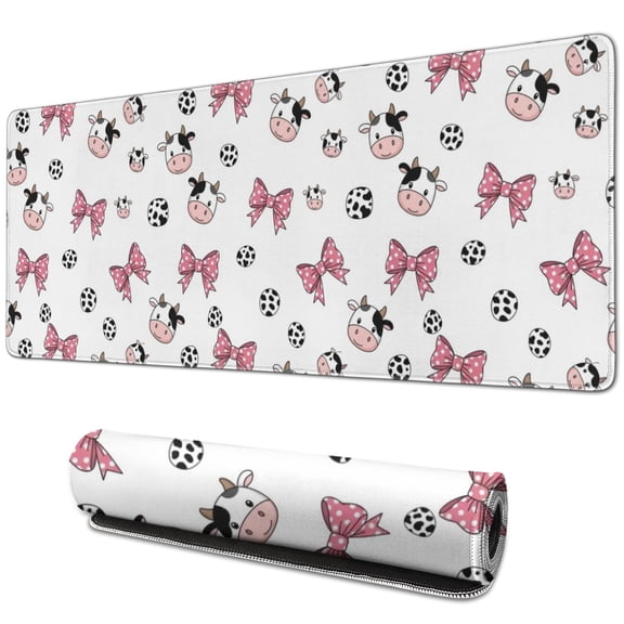 Long Mouse Pads for Desk,White Cow Bow Pattern Desk Mats on Top Of Desks, Desk Mouse Pad Extra Large with 3mm Non-Slip Base and Stitched Edge for Gaming,Office,Work,Home 31.5"x11.8"