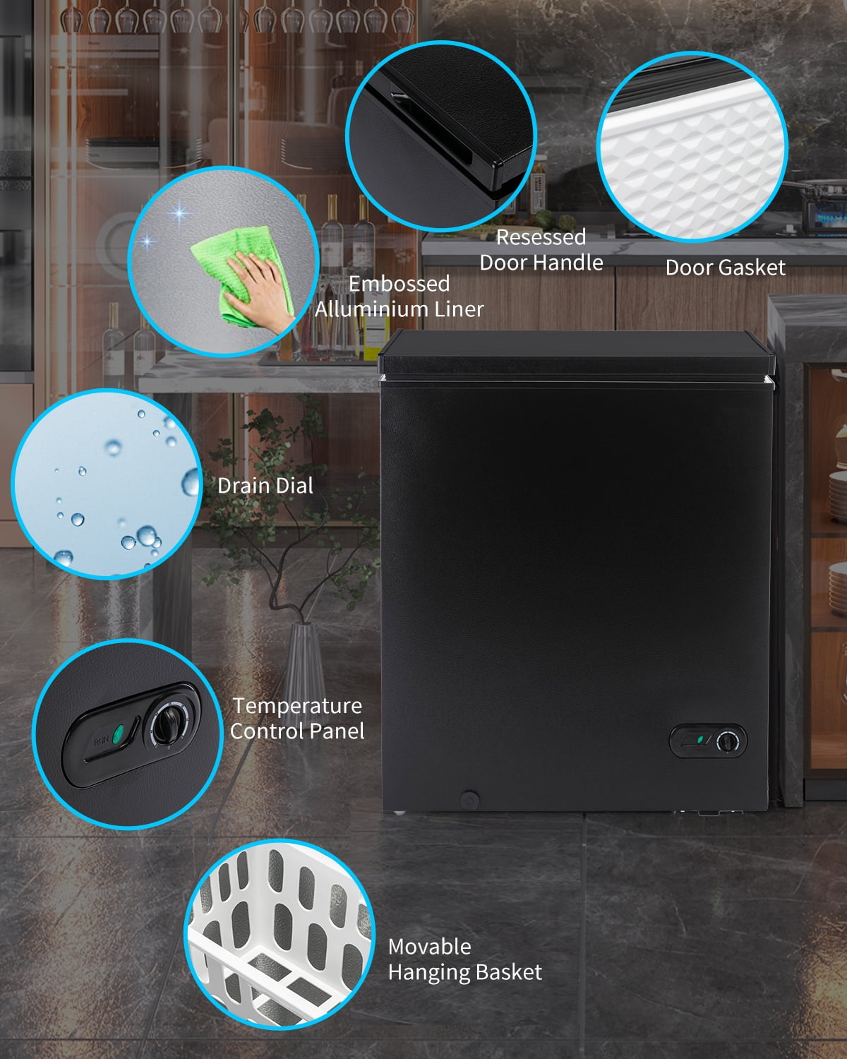 TABU 5.0 Cu ft Chest Freezer,Deep Freezer with Top Open Door and Removable Storage Basket,Black