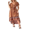 thumbnail image 1 of EIMELI Robe Longue Bohème d'Été pour Femmes à Manches Courtes, Col en V, Ourlet Irrégulier, Robe Florale à Nouer, 1 of 6