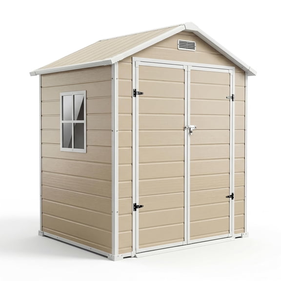 Waterproof Plastic Outdoor Storage Shed 6x4 ft with Floor, Lockable Door Window Sloped Roof for Patio Backyard Tools Bike Lawn Mower Easy Assembly Light Brown