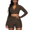 thumbnail image 3 of ITFABS Female Casual Solid Color Stand Collar Long Sleeve Crop Tops+Short Pants, 3 of 9
