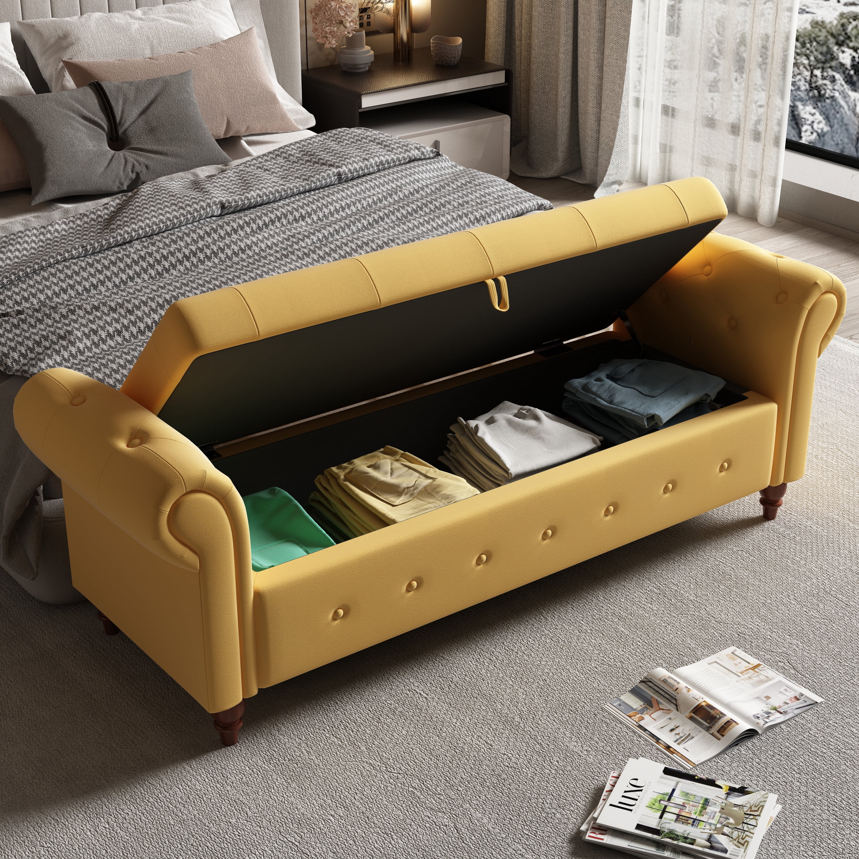 Miniyam 63" Storage Ottoman Bench with Rolled Arms, Button Tufted End of Bed Bench for Bedroom, Yellow
