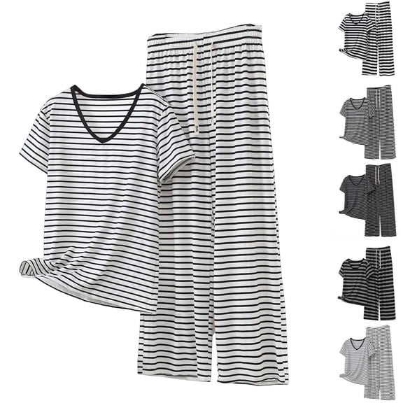 Bovxnpu Women 2 Piece Loungewear Set Beach Vacation Sweatsuit Tracksuit Set Fashion Short Sleeve V Neck Long Pants Striped Elastic Cotton Set Summer Outfits