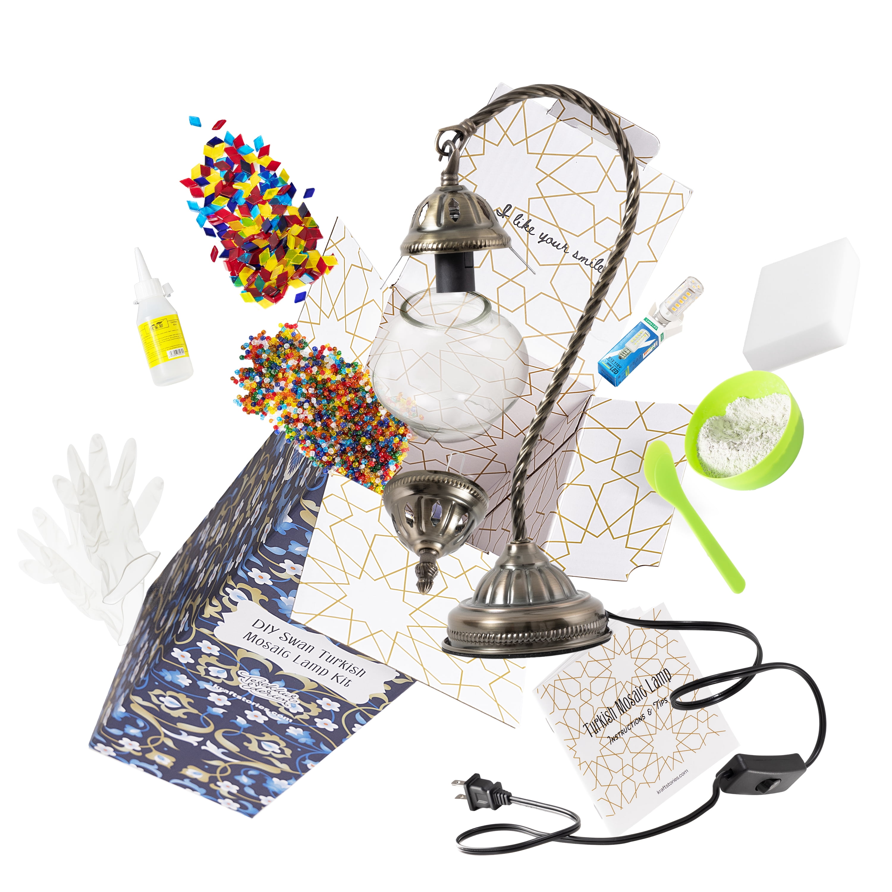 KRAFTSTORIES Turkish Mosaic Swan Neck Lamp Making Kit| DIY Colorful Glass Decorative Nightstand Table Light| Craft Kit |Make Your Own Lamp | Living Room Bedroom | Antique Bronze Base (Multicolor)
