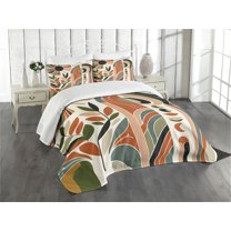 Ambesonne Monstera Quilted Bedspread Set 3 Pcs, Abstract Mid Century Boho, King Size, Beige Green and Burnt Orange