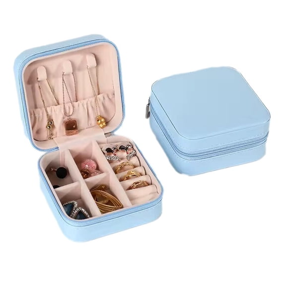 Square Mini Portable Travel Jewelry Case Small Organizer Gift Box, Light Blue