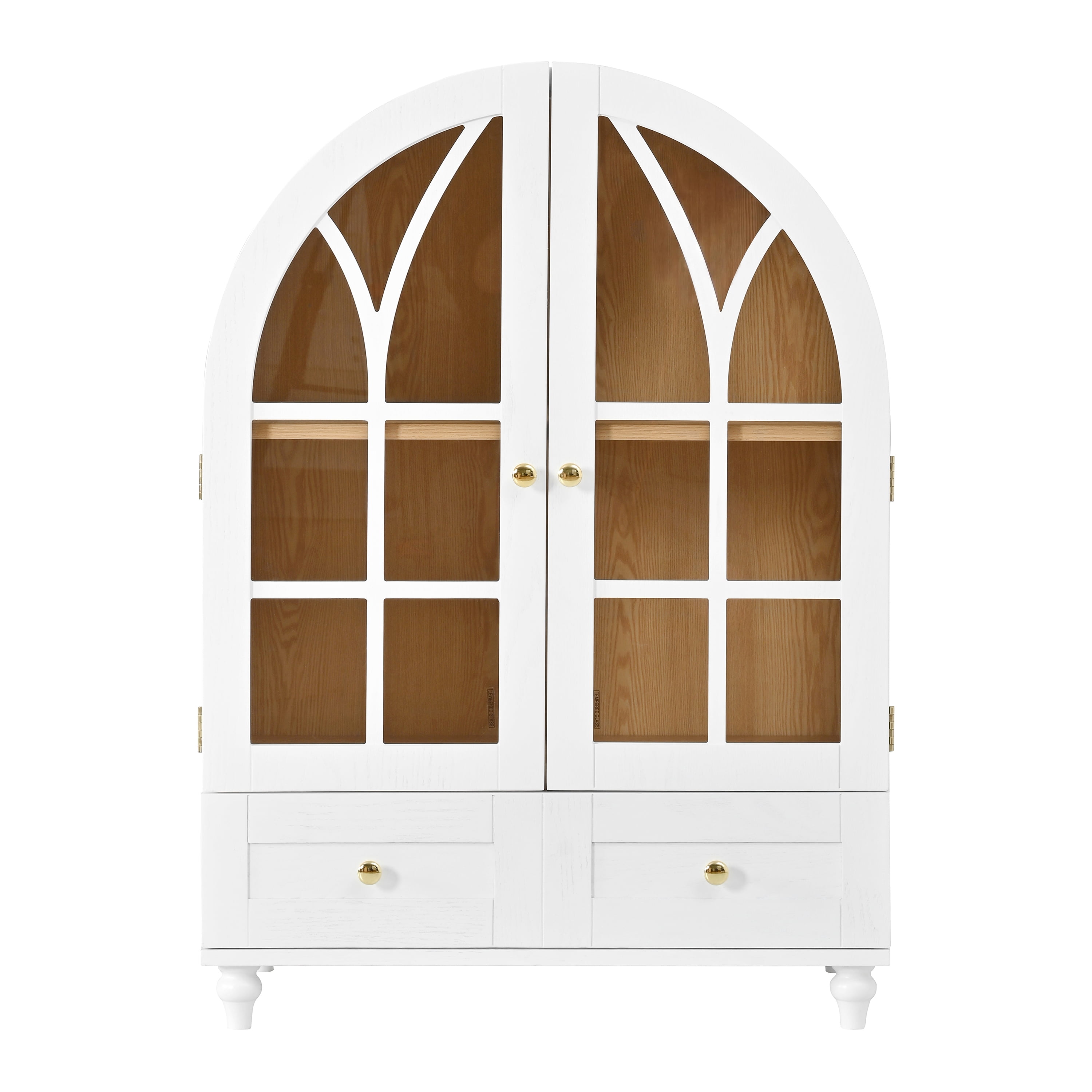 Arched Display Cabinet with Tempered Glass Doors,Wood Storage Cabinet with Natural Wood Grain Finish, Solid Wood Legs Accent Cabinet with Drawers for Living Room, Dining Room, Office