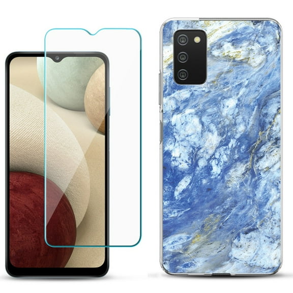 Slim-Fit TPU Phone Case Compatible with Samsung Galaxy A02s, with Tempered Glass Screen Protector, by OneToughShield ® - Marble / Gem Blue