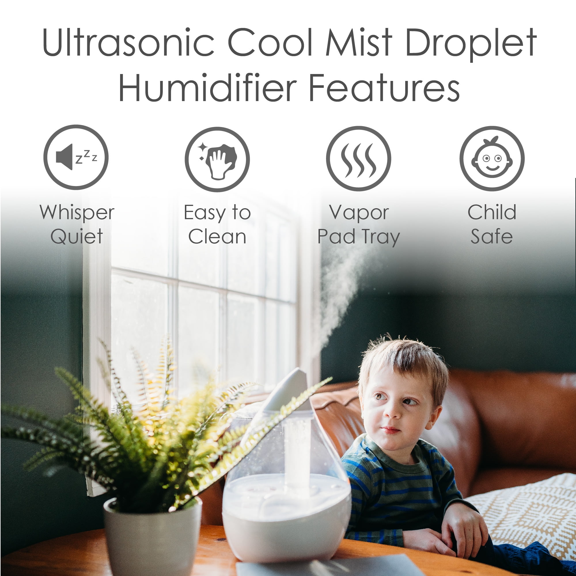 Crane Droplet Ultrasonic Cool Mist Humidifier, 0.5 Gallon, 15 Hour Run Time, Optional Vapor Tray, 250 Sq. Ft. Coverage, Clear/White