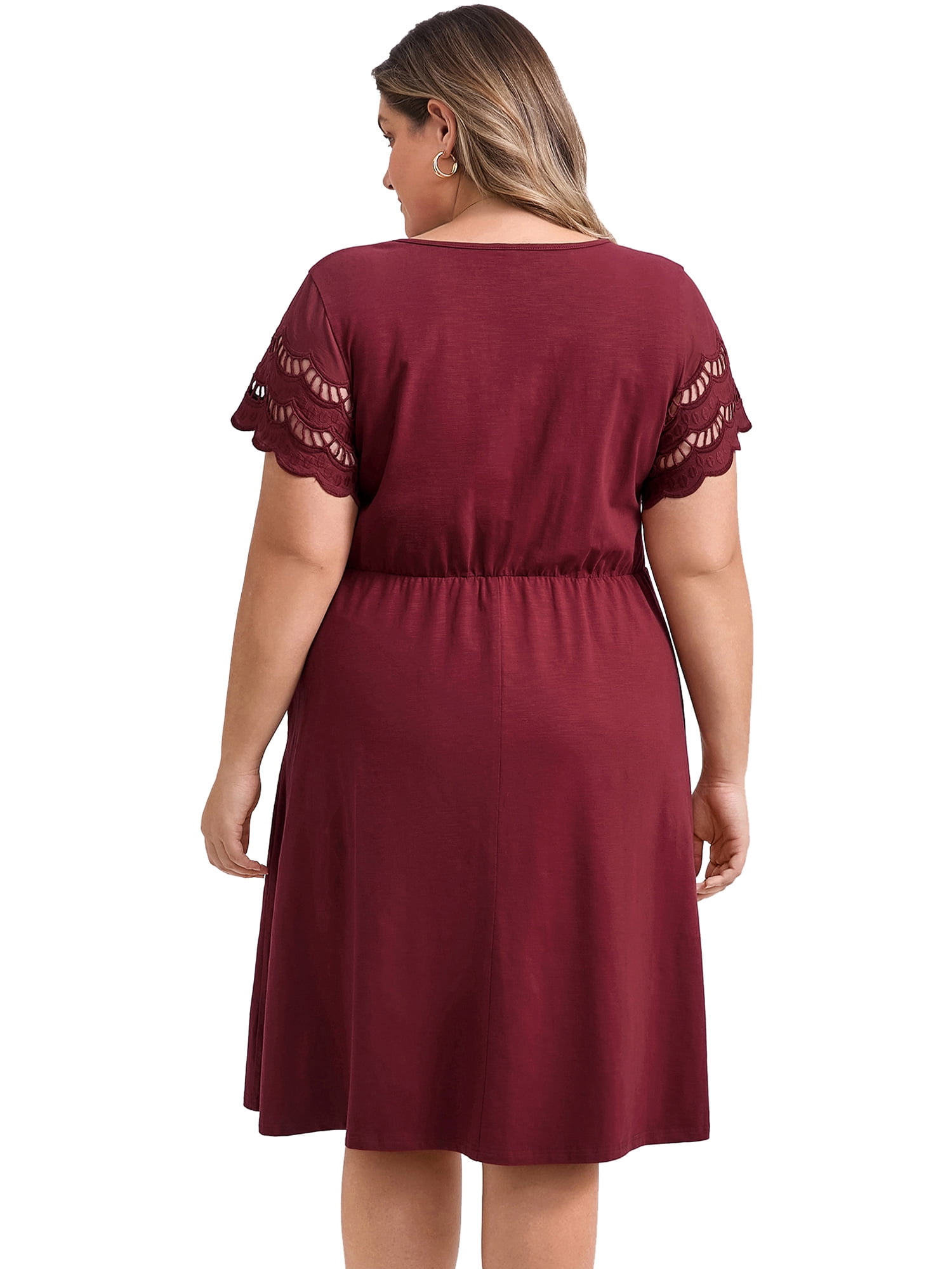 DARING DIVA Plus Size V Neck Hollow Eyelet Details Dress 3X Burgundy
