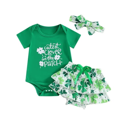 

Wallarenear My First St Patricks Day Outfits Shamrock Print Romper Ruffle Shorts Bloomers Green 12-18 Months