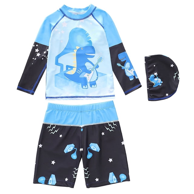 PMVFHDE Boys UPF 50 Sun Protective Swimwear Set Long Sleeve Rash Guard with Matching Swim Trunks for Water Sports Blue2,2-3 Years