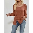 thumbnail image 4 of KelaJuan Women Fashion Ribbed T-Shirts Solid Color Square Neck Buttons Puff Long Sleeve Shirts Spring Fall Casual Loose Fit Tops, 4 of 6