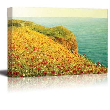 Vibrant Red Poppies Canvas Prints Wall Art - Beautiful Seascape with Vivid Red Poppies at the Sea Coast Oil Painting Style | Stretched Gallery Canvas Wrap Giclee Print & Ready to Hang - 16