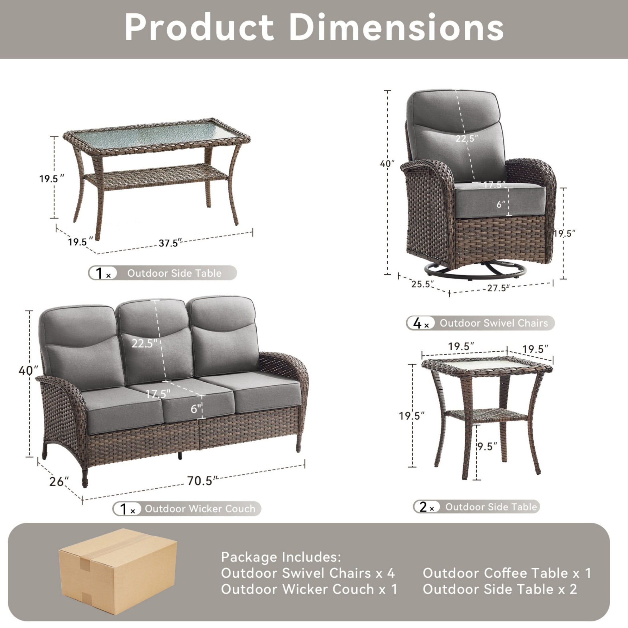 Unnifurnzi 8 Pieces Patio Furniture Set-6'' Thick Cushions Outdoor Furniture with Swivel Rocker Chairs Outdoor Couch and Coffee Table Wicker Patio Furniture for Deck Porch Garden Poolside-Brown/Gray