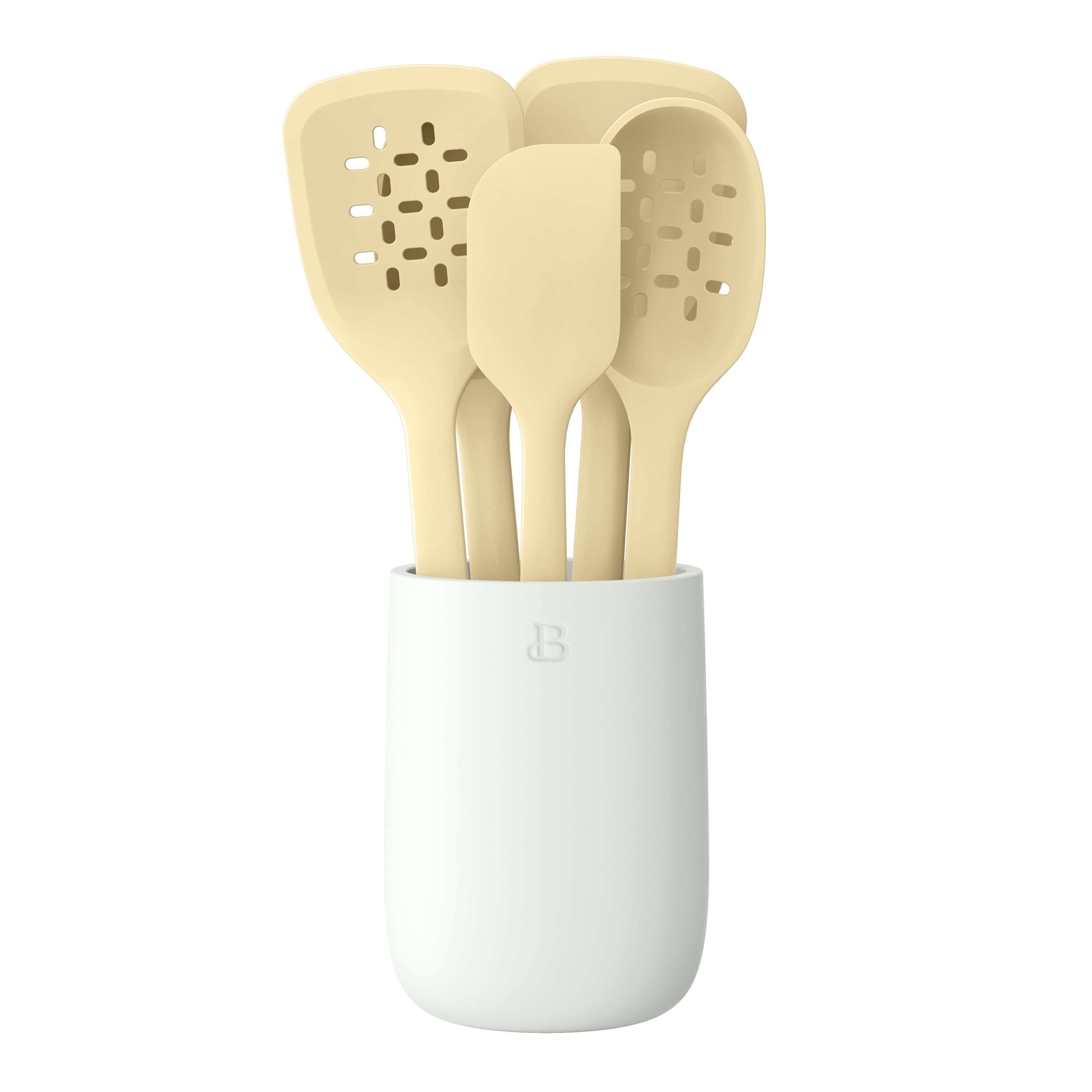 Beautiful 6-Piece Silicone Kitchen Tool Set with Ceramic Crock. Buttercream by Drew Barrymore