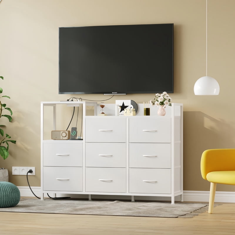 Kelno TV Stand Dresser 8 Fabric Drawers Storage Cabinet with Open Shelf Built in AC USB Type C Charging Station, White