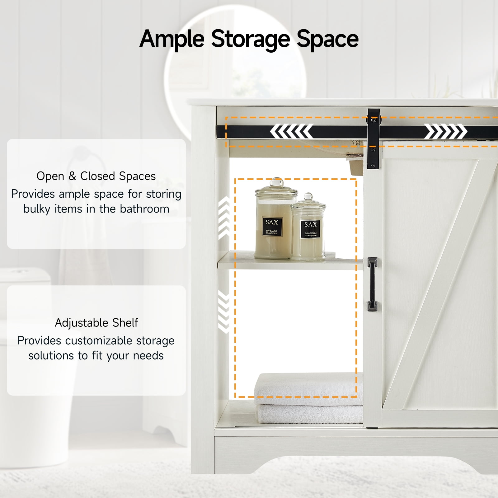 30 Inch Bathroom Vanity with Sink Combo, Farmhouse Bathroom Vanities with Sliding Barn Door & Metal Handle, Freestanding Single Sink Cabinet with Adjustable Shelve & Thicken Frame (White)