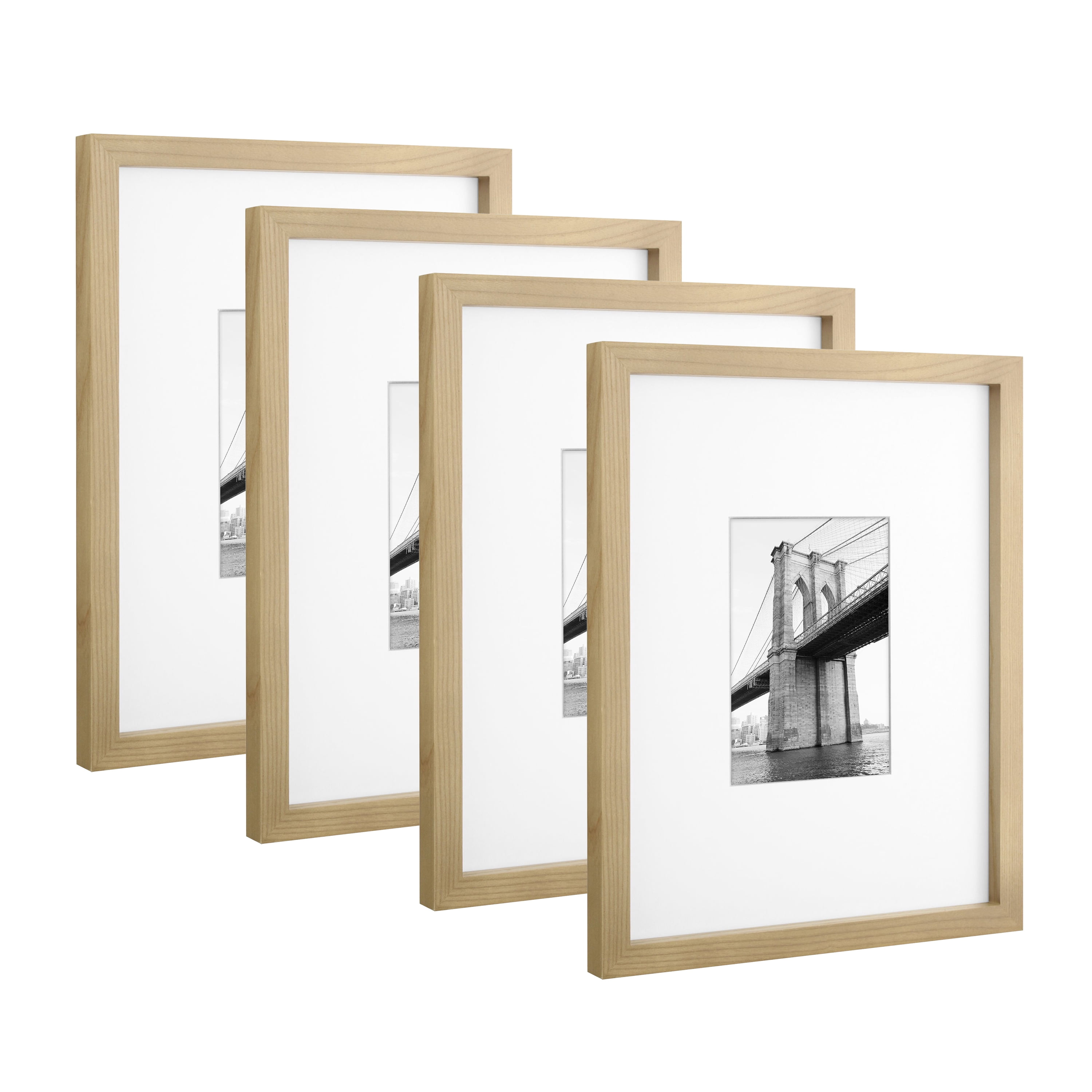 Better Homes & Gardens 11x14 Matted to 5x7 Wood Wall Picture Frame Set, Natural Wood, Set of 4