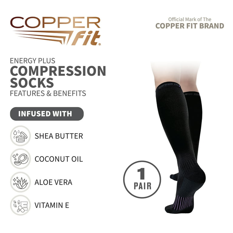 Copper Fit Copper-infused Energy Plus Compression Socks, Knee-High, L/XL,  Black, 1 Pair