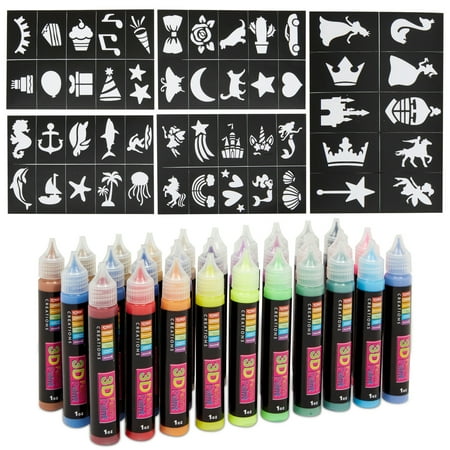 

80 Pcs Set Permanent 3D Fabric Paint for Clothes with Neon Metallic Glitter Colors and Stencils Sheets for Clothing Shirt
