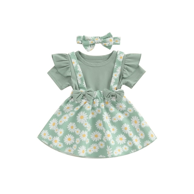 Gupgi Robe Marguerite pour Tout-Petit Bébé Fille, Côtelée, à Volants, Manches Courtes, Patchwork, avec Bandeau