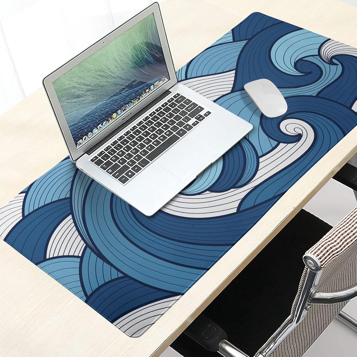 Japanese White and Blue Wave Mouse Pad 35.4 X 15.7 Inch Extended Large Cool Mouse Mat Non-Slip Rubber Base Long Art Mousepad with Stitched Edges Waterproof Desk Pad for Gaming&Home Office,XL