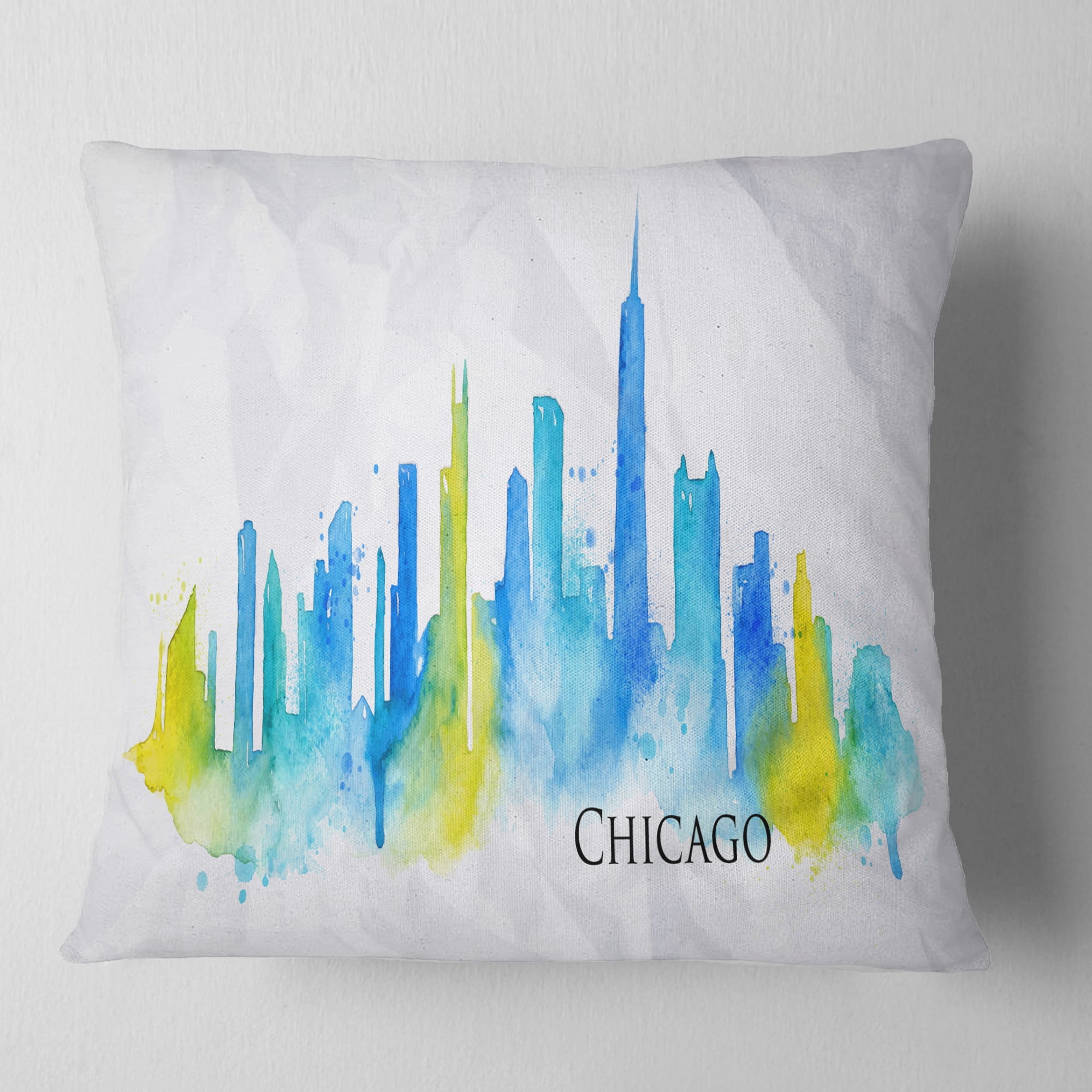 Designart Chicago Blue Green Silhouette - Cityscape Throw Pillow - 18x18