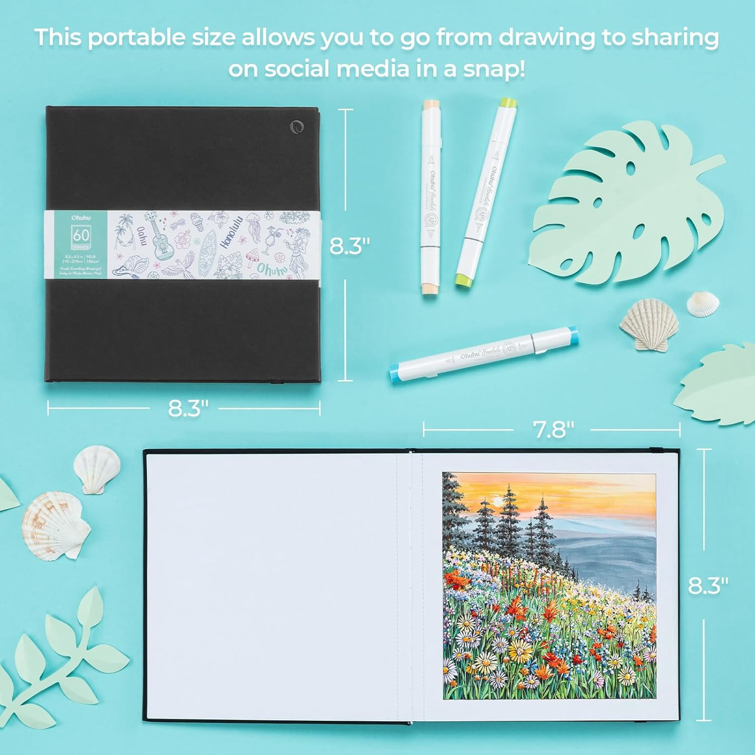 Ohuhu Double-Sided Marker Pad, 8.3"x8.3",60 Sheets/120 Pages, 90 lb/150 GSM Smooth Paper, Hardcover Sketchbook for Alcohol Markers & Paints