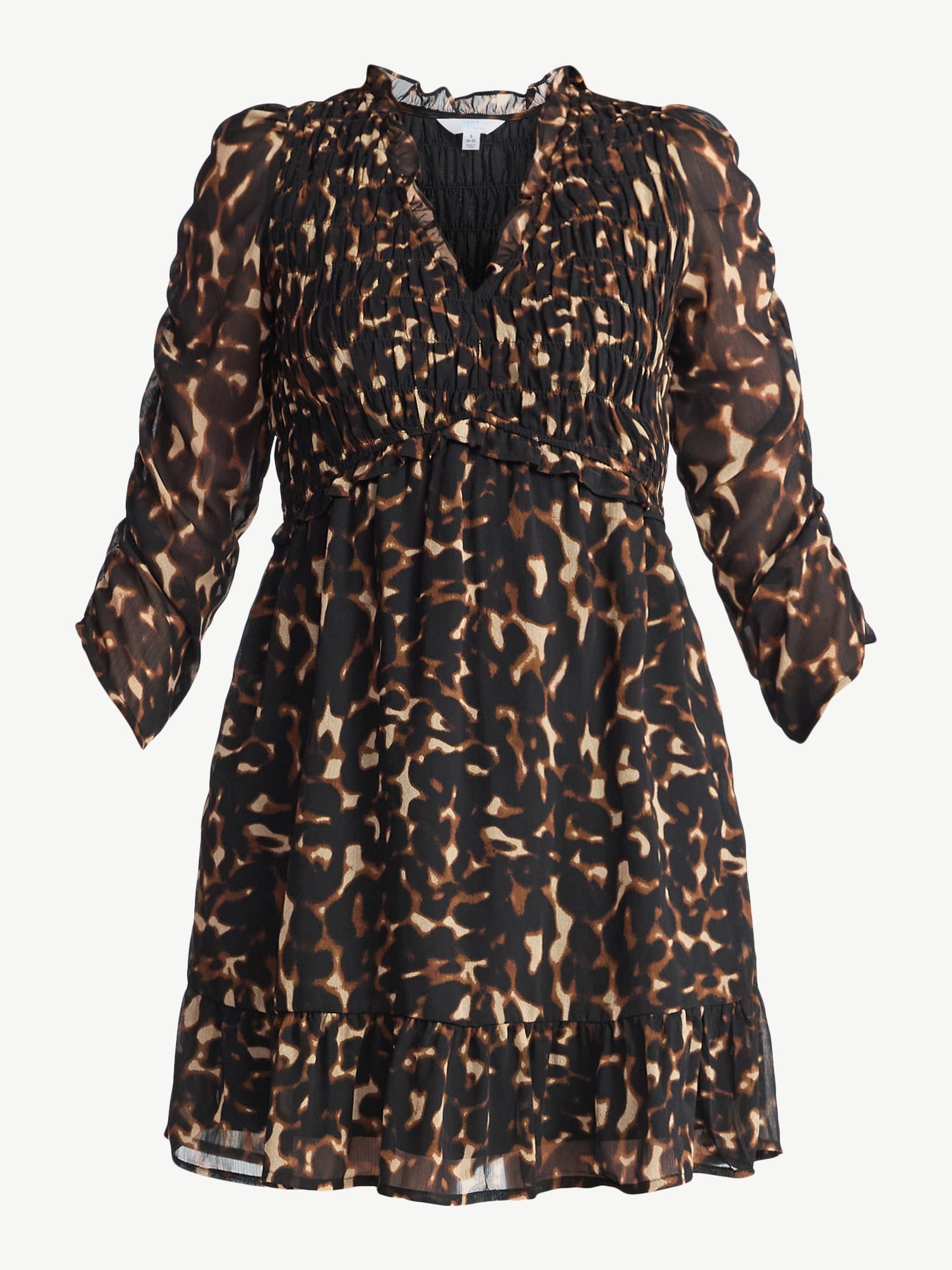 Time and Tru Women's Smocked Chiffon Mini Dress with Long Sleeves, Sizes XS-XXXL
