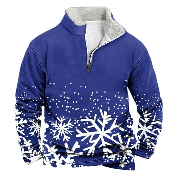 successthop Mens Christmas Sweatshirts Snow Quarter Zip Long Sleeve Top Pullover Streetwear with Pocket Sweaters Blue