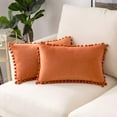 thumbnail image 5 of Pack of 2 Velvet Throw Pillow Covers Pompom Decorative Pillowcases Solid Soft Cushion Covers with Poms Square for Couch Sofa Bedroom Car 18x18inch Dark Green-Orange&12"x20", 5 of 7
