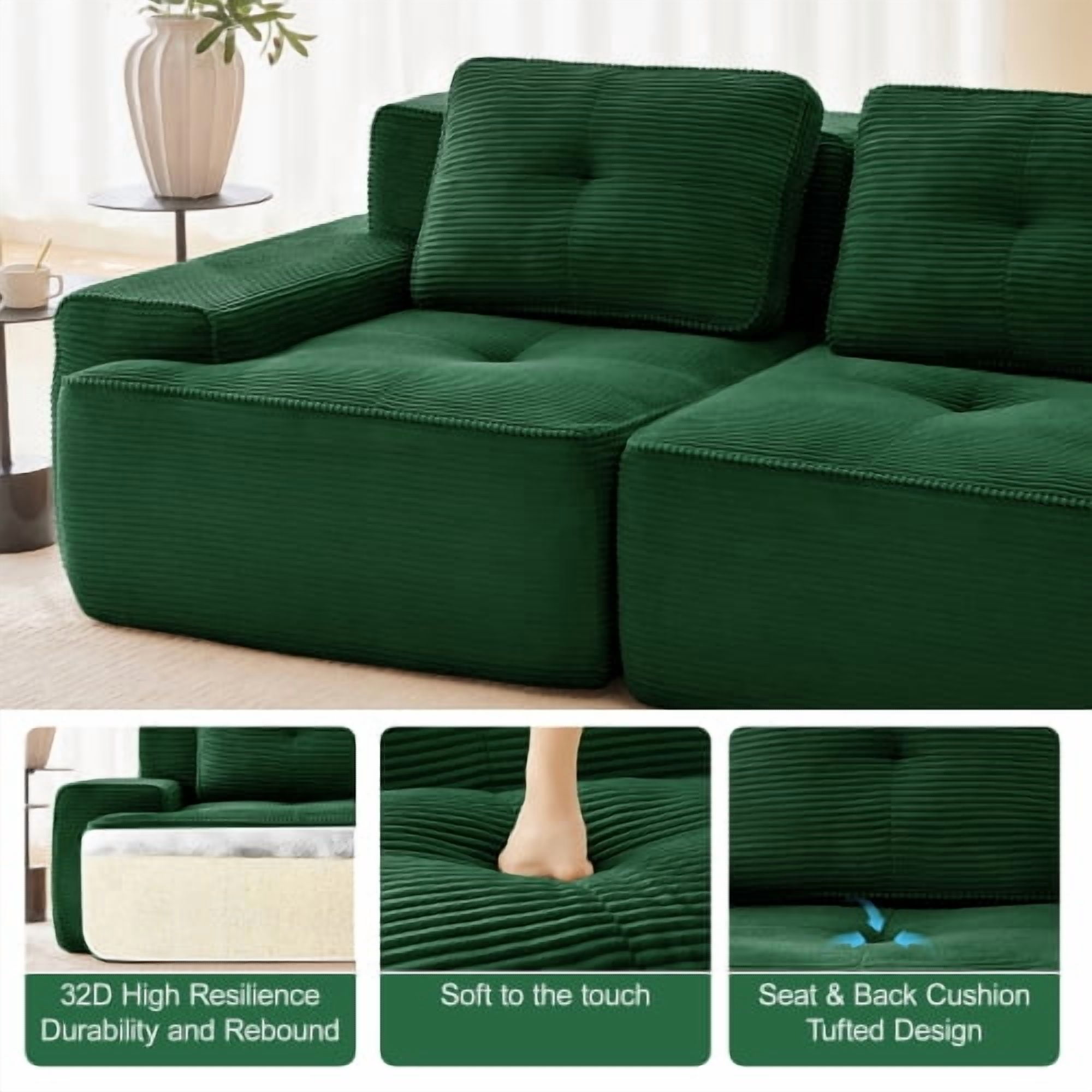 82-Inch Modern L-Shaped Modular Sectional Sofa for Living Room, Green Corduroy 2-Seater Couch with Deep Seat, Tufted Design