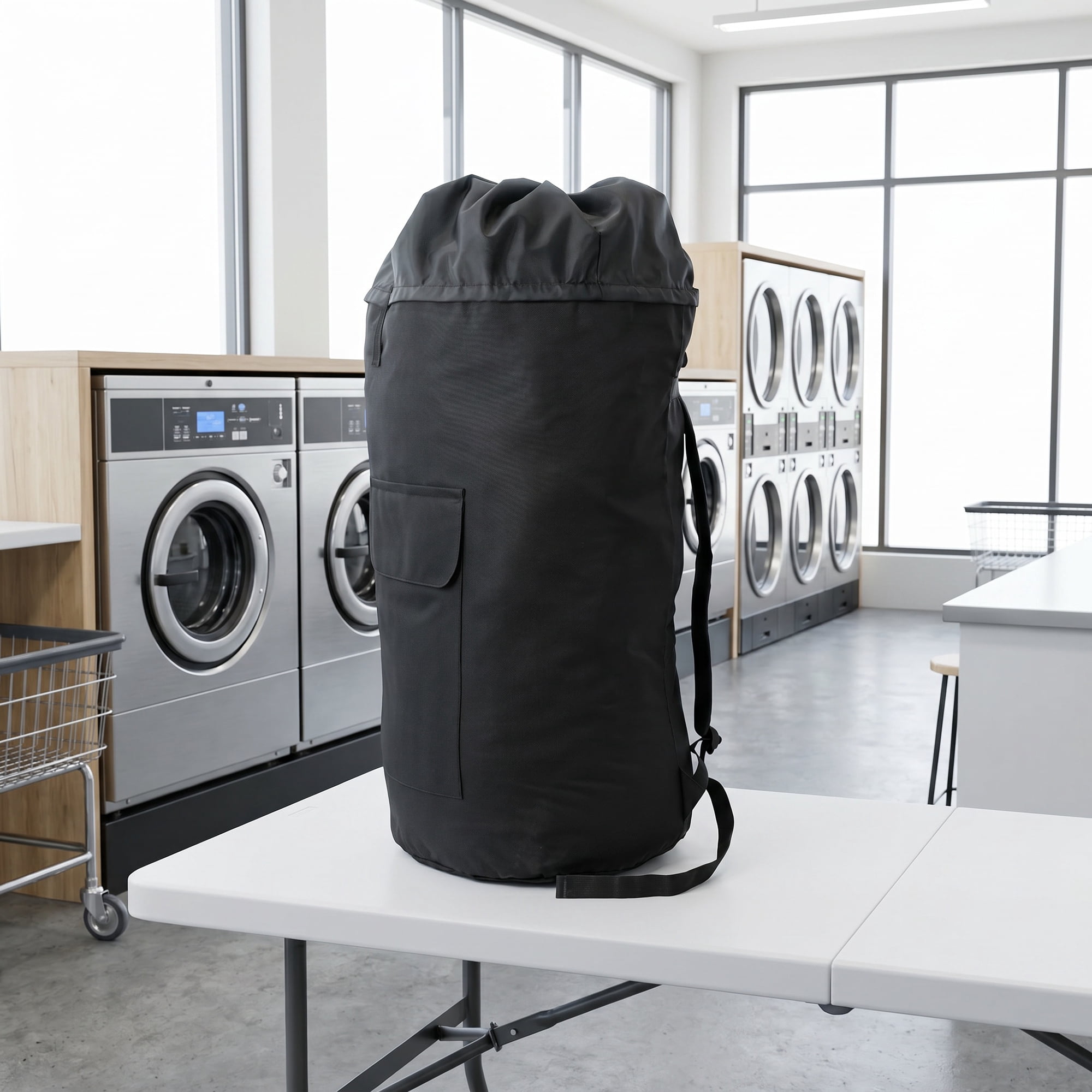 Unique Bargains Laundry Backpack Large Dirty Clothes Hamper Bag with Pocket Black 15"x28"