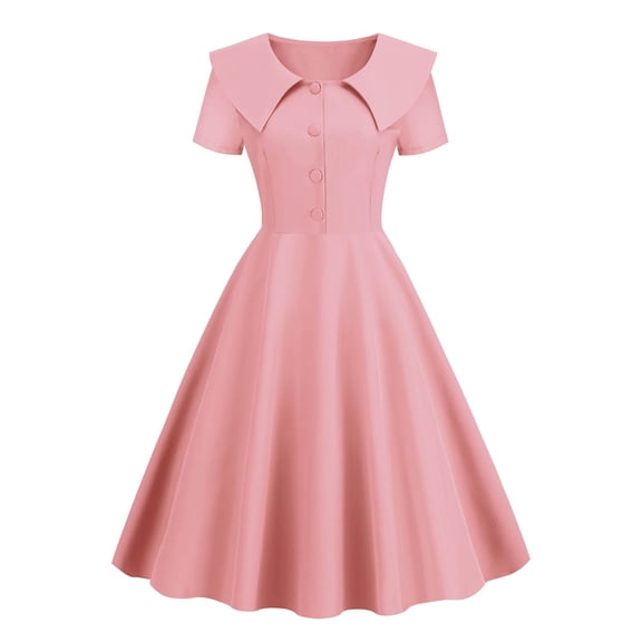 Quixlent Retro Women Dress Turn-down Collar Shortn Sleeves A-line Big Swing Buttons Slim Fit Solid Color 50s Ball Prom Midi Dress