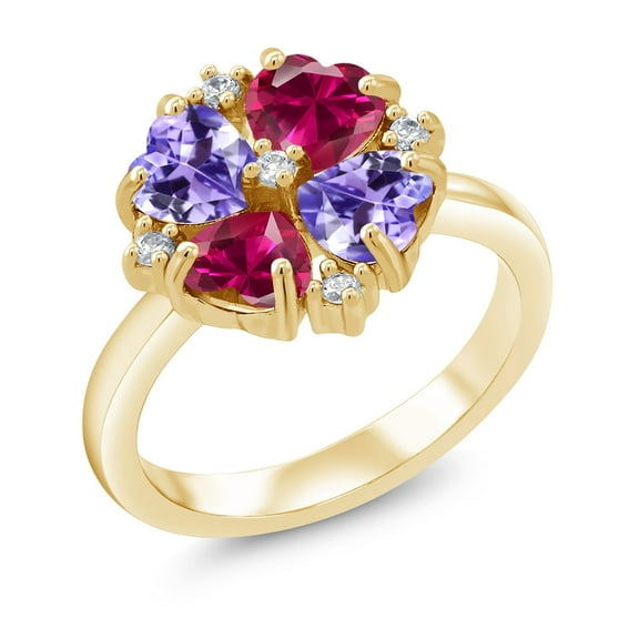 Gem Stone King 18K Yellow Gold Plated Silver Blue Tanzanite and Red Created Ruby Ring for Women (2.28 Cttw, Heart Shape 5MM, Gemstone December Birthstone, Size 7)