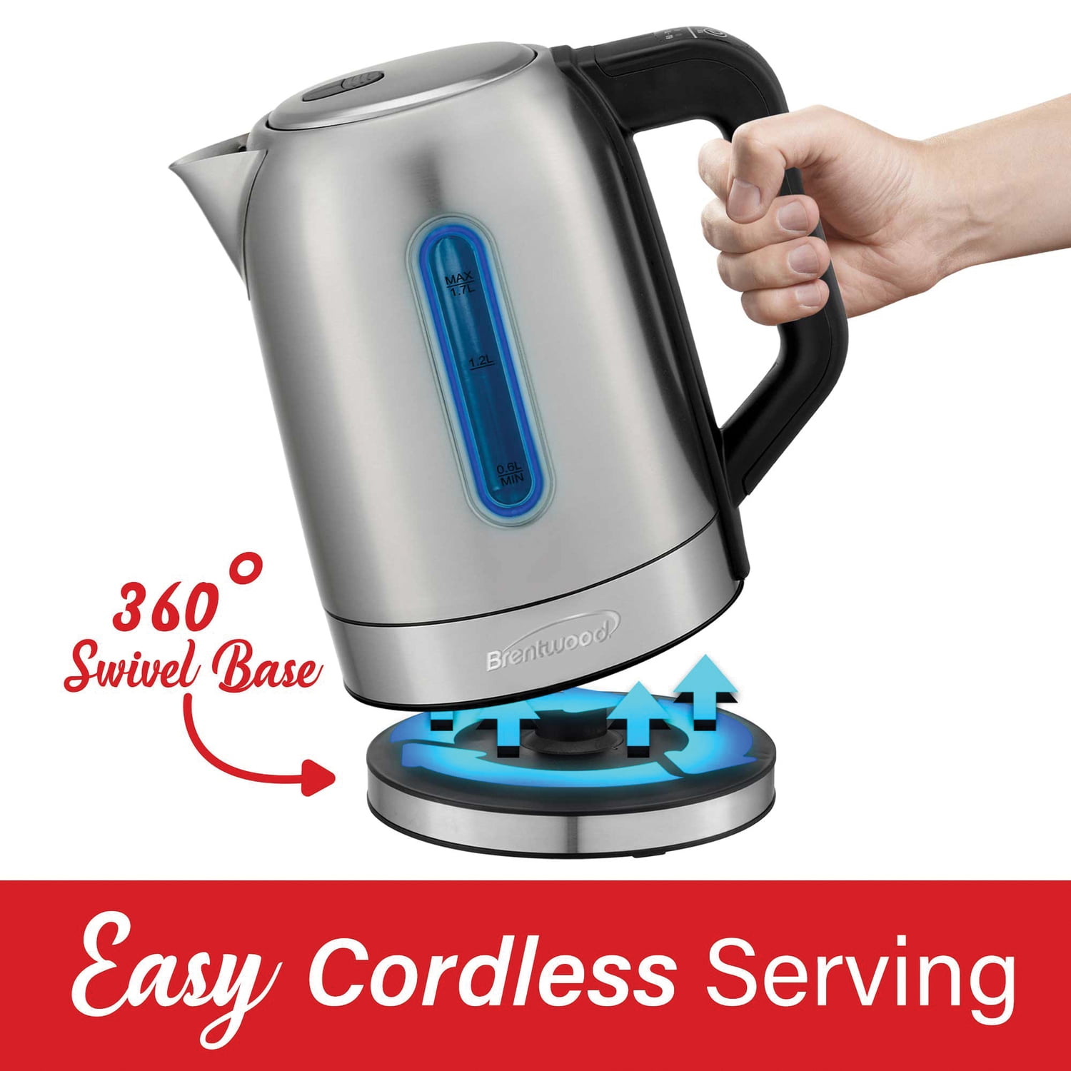 Brentwood 1,500-Watt 1.79-Qt. Cordless Digital Stainless Steel Kettle with 5 Temperature Presets and Swivel Base