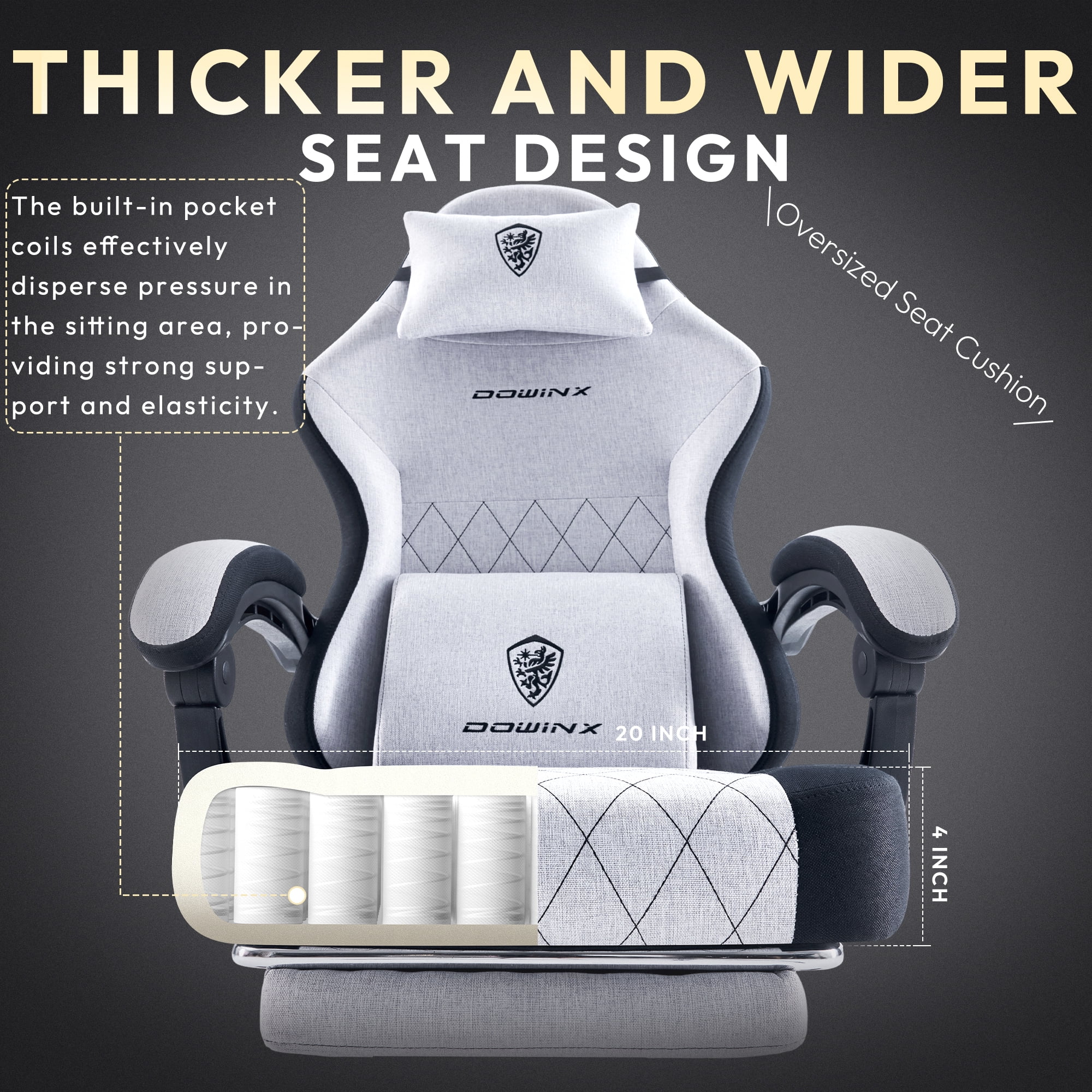 Dowinx Fabric Gaming Chair with Massage Lumbar Support, High Back Ergonomic Computer Chair with Footrest for Adult, Grey