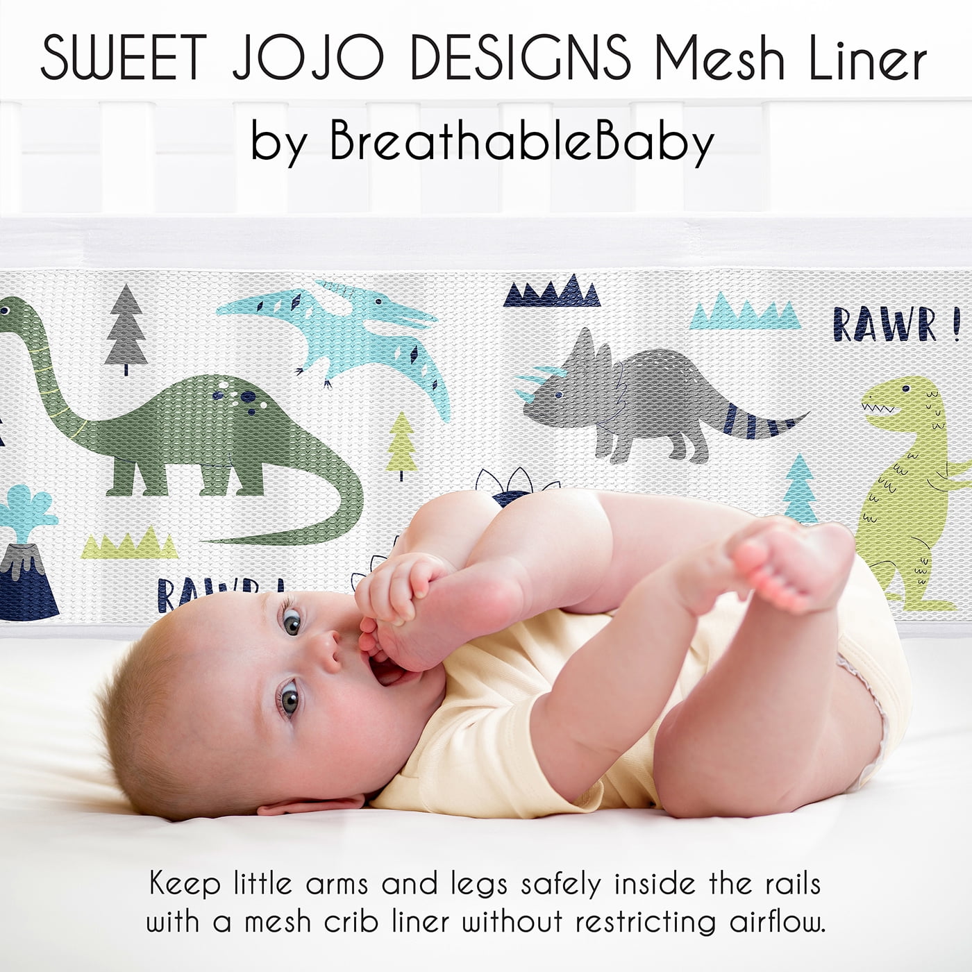 Sweet Jojo Designs + BreathableBaby Mod Dinosaur Blue Green White Breathable Mesh Crib Liner Pad