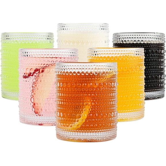 Vintage Glassware Drinking Glasses Set of 6,12 oz Hobnail Glass Cups,Embossed Clear Water Tumbler,for Beer,Cocktail,Whiskey,Juice and Various Mixed Drinks- 1 Cleaning Brush