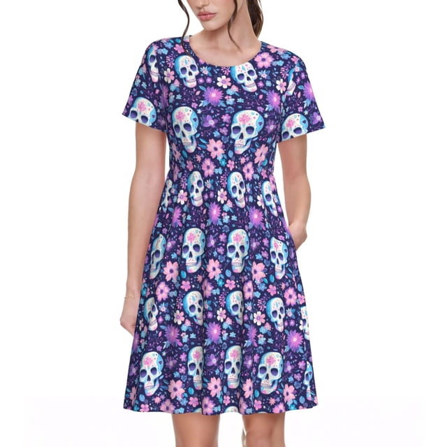 Fotbe Skull Purple Flower Vestido Largo de Moda para Mujer, Vestido Tipo Camiseta con Manga Corta y Estilo Casual a Rayas y Bloques de Color