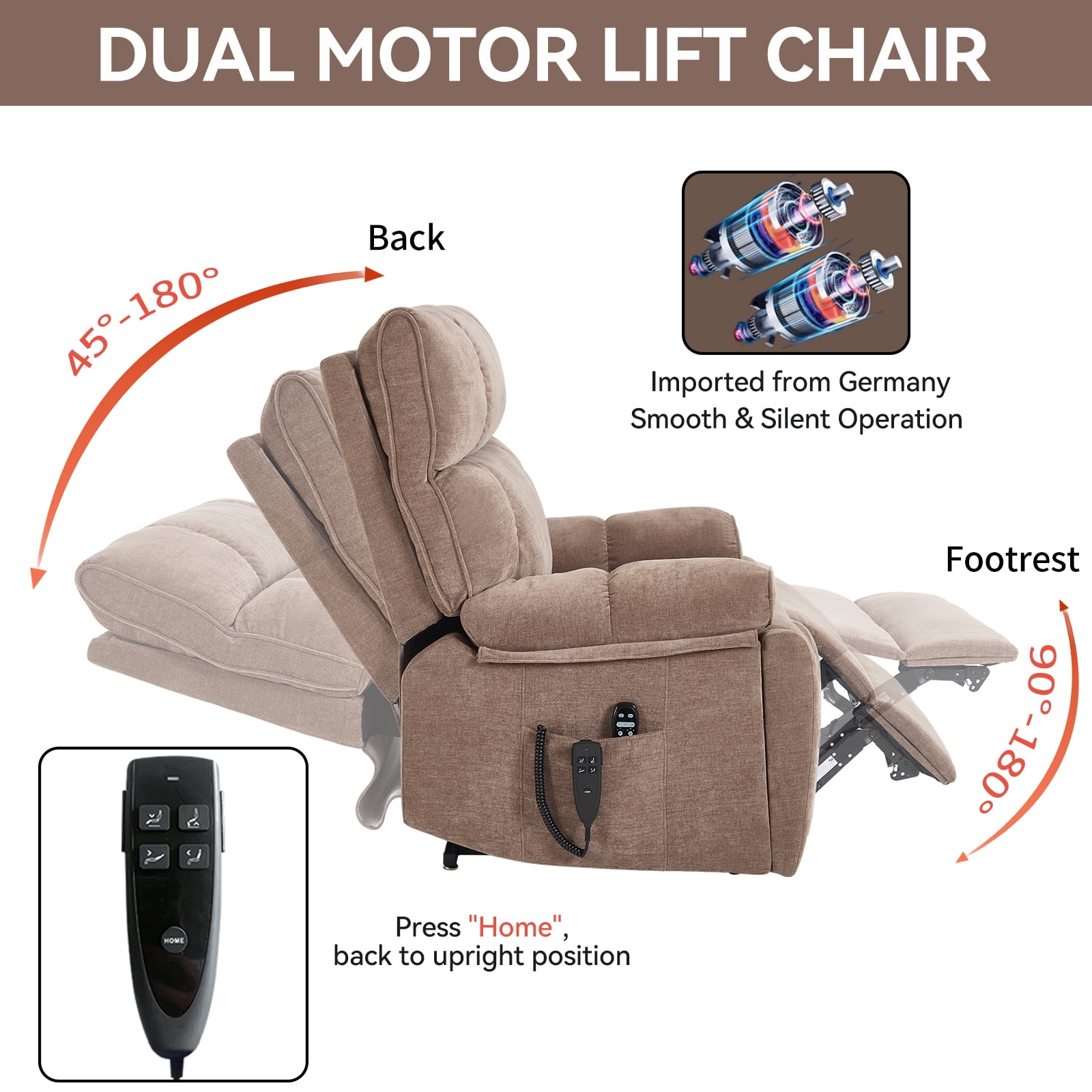 Alvantor Large Power Lift Recliner Chair for Elderly Dual Motor Chenille Electric Recliners Chair with Massage and Heat for Living Room Brown