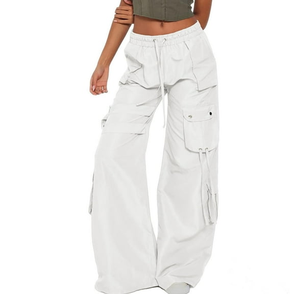 50% Off Clearance Women's Casual Pants Womens Parachute Cargo Pants Trendy Baggy High Waisted Loose Fit Pants Drawstring Casual Trousers With Pockets