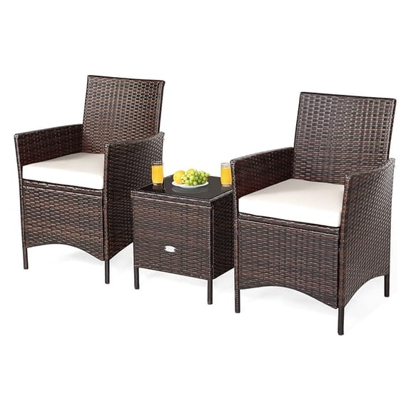 3-Piece Wicker Furniture Set - Outdoor Rattan Conversation Set w/ 2 Armchairs, Tempered Glass Top Coffee Table & Washable Cushions, Patio Sofa Set for Porch Poolside Balcony Garden (White)