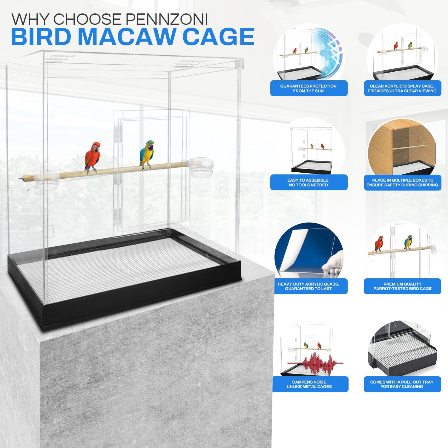 PENNZONI Extra Large Bird Cage for Macaws & Parrots, Crystal Clear Acrylic Cage, No Base