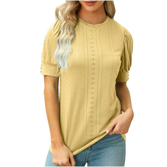 Kovlvoll Womens Short Sleeve Tops Summer Eyelet Crew Neck Solid Color Loose Casual Top T-Shirts