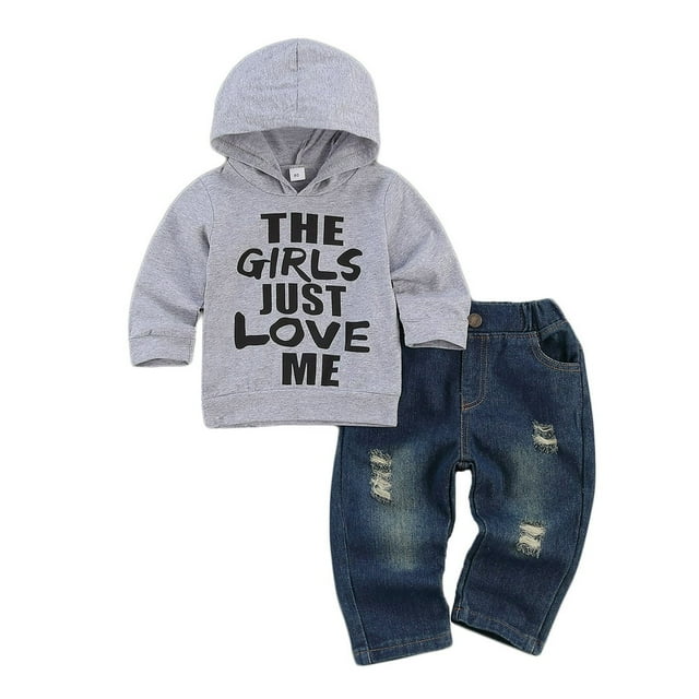 Ensemble de Pantalons en Jean Côtelé à Capuche avec Pull-Over Imprimé Lettre Enfant