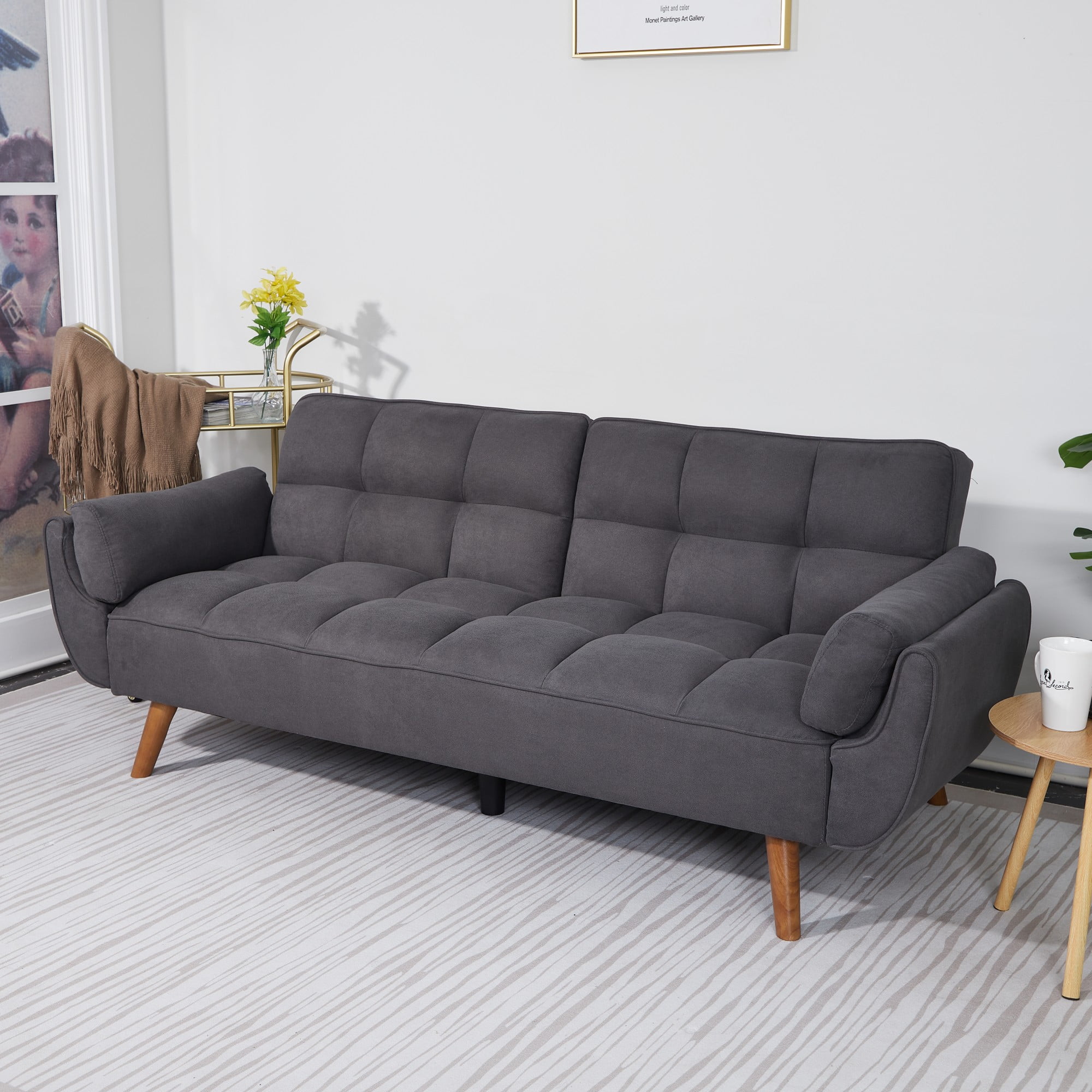 Gewnee Mid-Century Modern Dark Gray Sofa - Solid Eucalyptus Wood Frame, 500 lbs Capacity, S-Shaped Springs for Apartments, Living Rooms, Studies