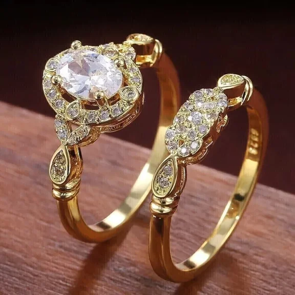 Oval 3.5Ct Natural Moissanite Bridal Engagement Set Ring 14K Gold Yellow Plated